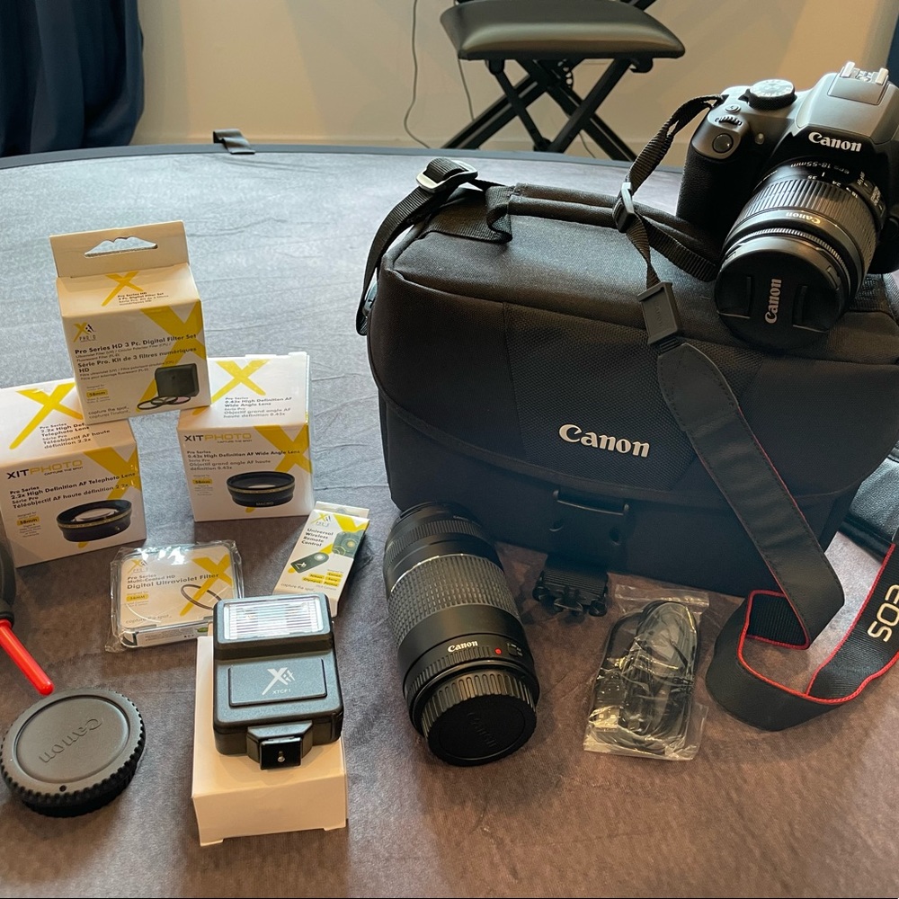 Canon EOS Rebel T6 with all lenses and accessories.